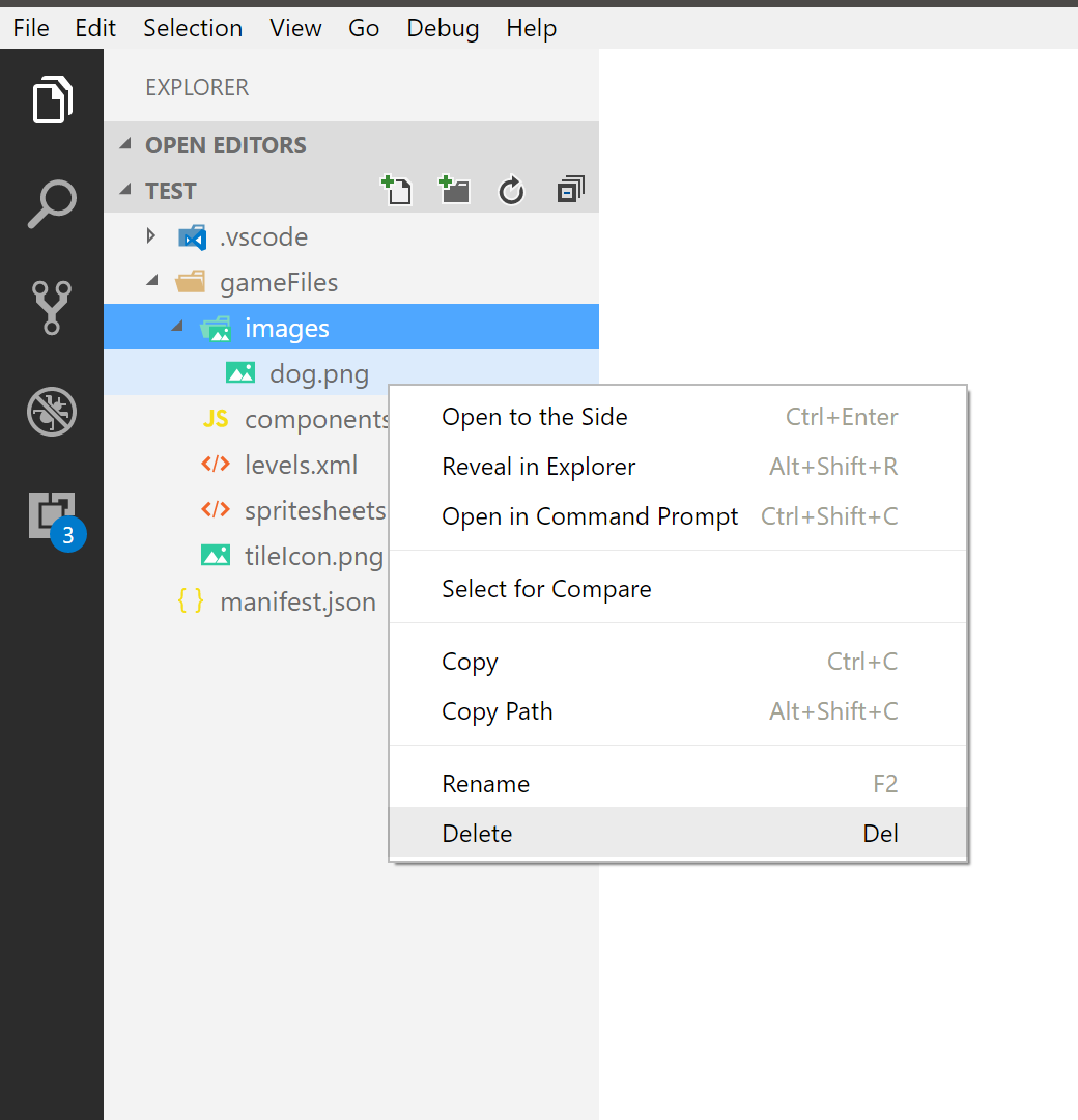 Deleting a file in VS Code